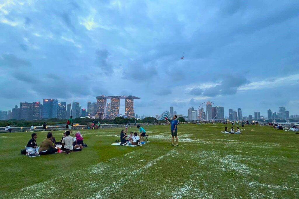 Picnic at Marina Barrage Rooftop in the evening